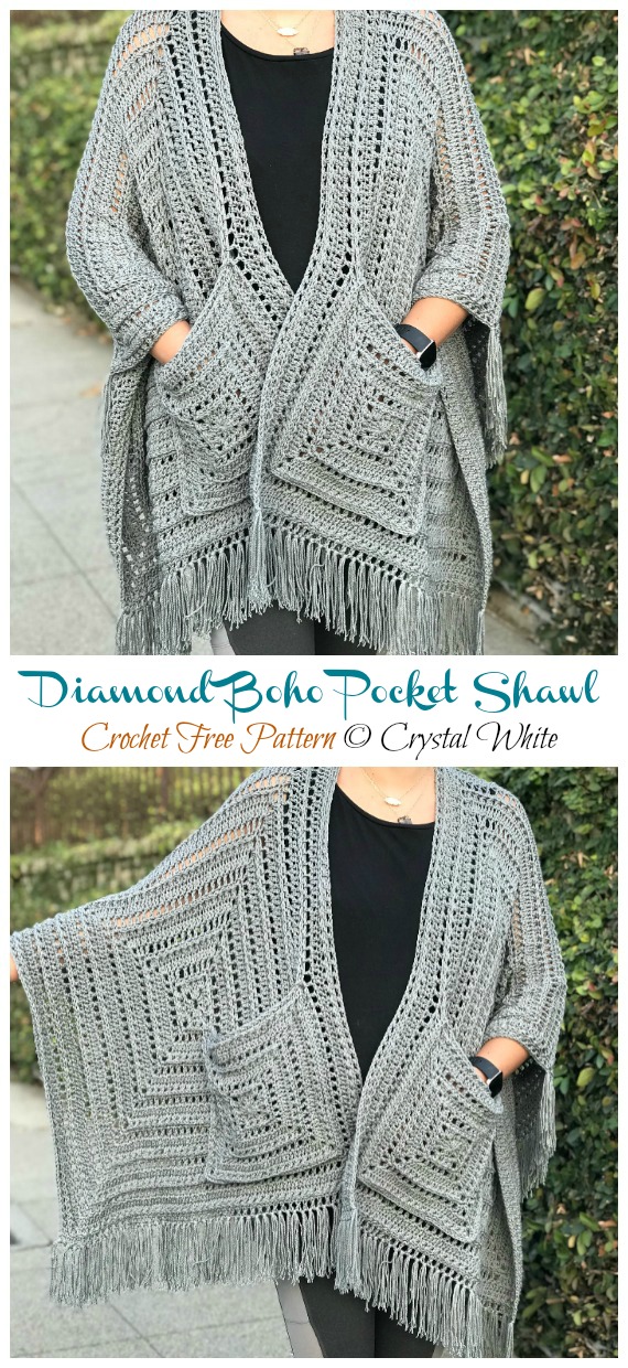 Lazy Diamond Boho Pocket Shawl Crochet Free Pattern [Video]- Long Rectangle #Shawl; Free #Crochet; Pattern