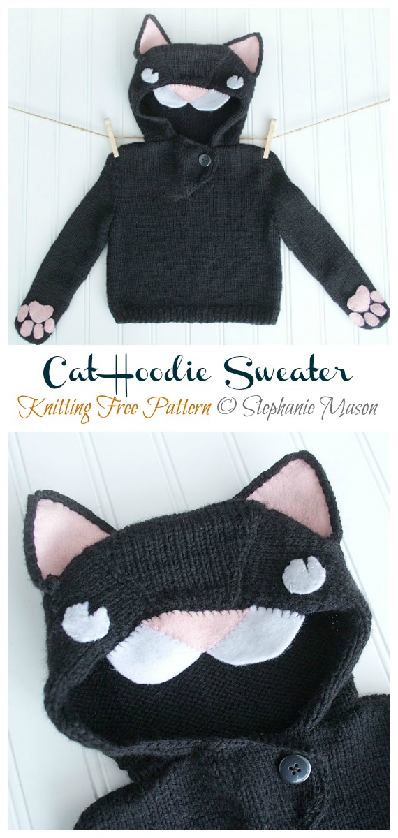 Baby Cat Hoodie Sweater Knitting Free Pattern - Baby #Pullover; Sweater Free #Crochet; Patterns