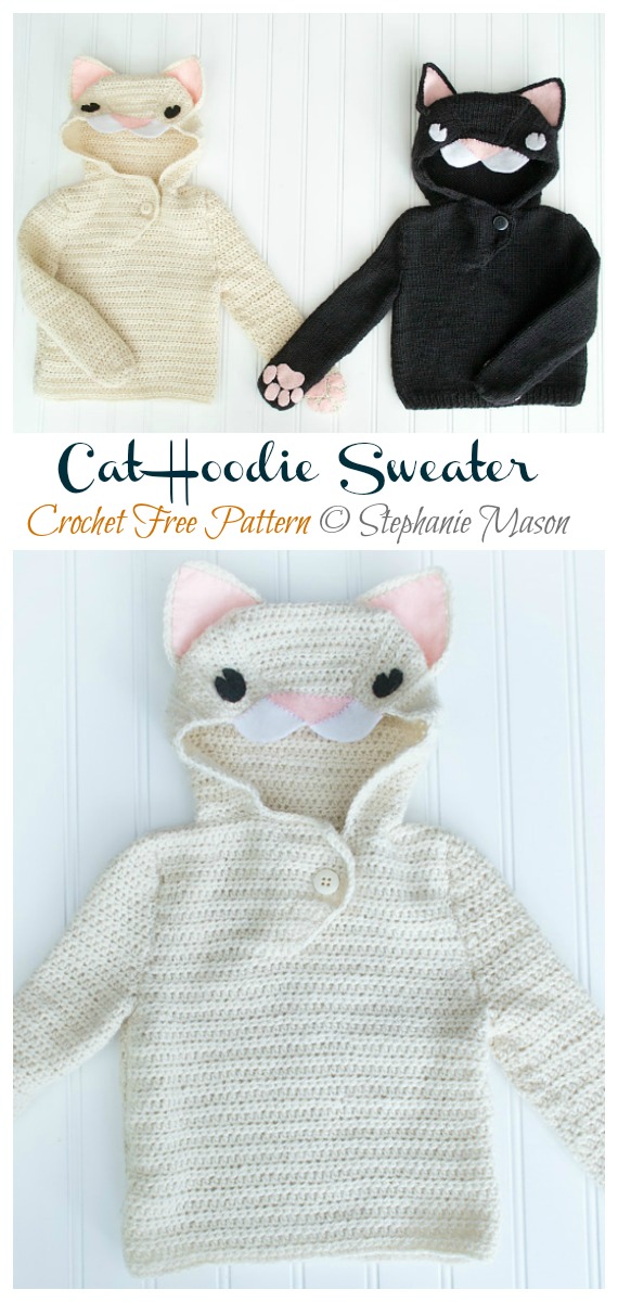 Baby Cat Hoodie Sweater Crochet Free Pattern - Baby #Pullover; Sweater Free #Crochet; Patterns