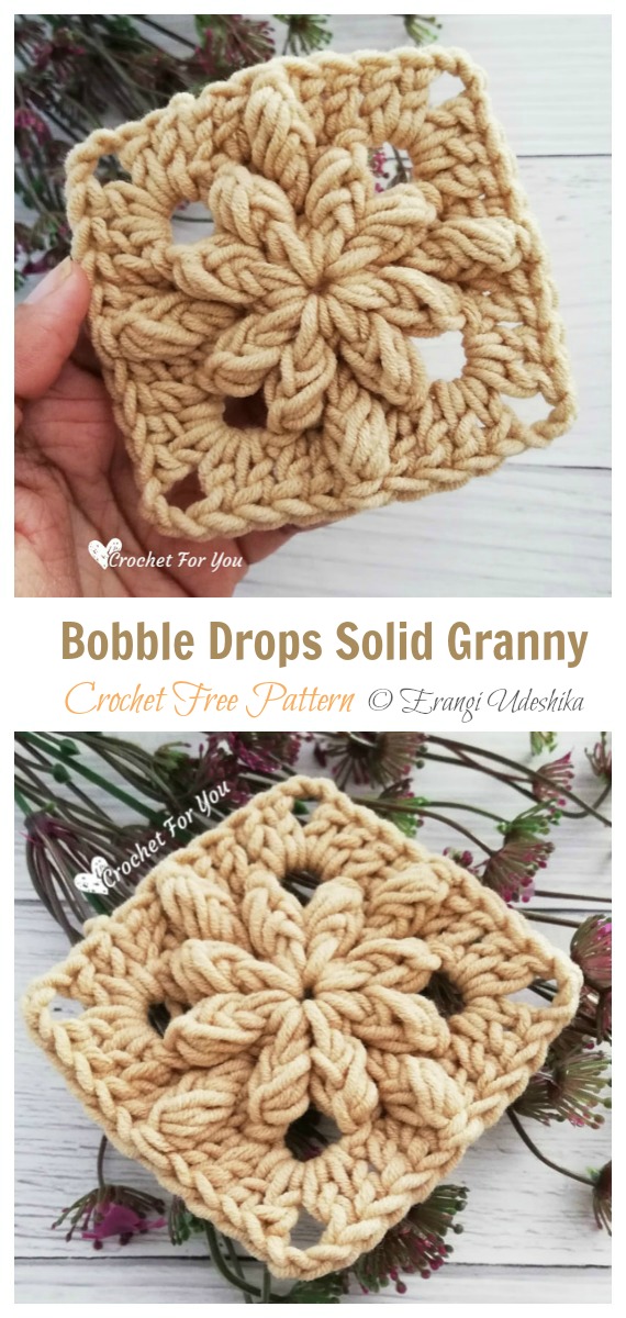 Bobble Drops Solid Granny Square Crochet Free Pattern - #Granny; Square #Blanket; Free #Crochet; Patterns