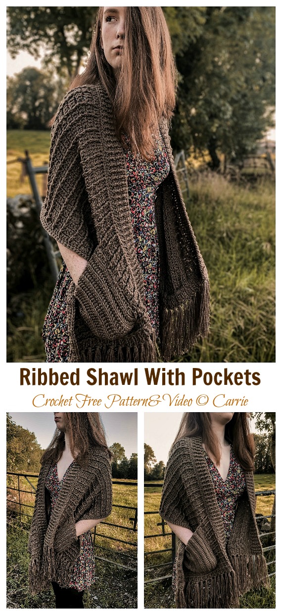 Ribbed Shawl With Pockets Crochet Free Pattern [Video] - Long Rectangle #Shawl; Free #Crochet; Pattern