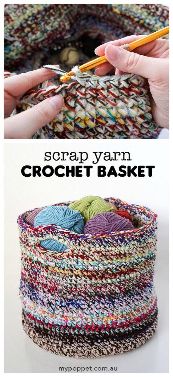 Scrap Yarn Storage Basket  Crochet basket pattern free, Scrap yarn  crochet, Crochet storage baskets