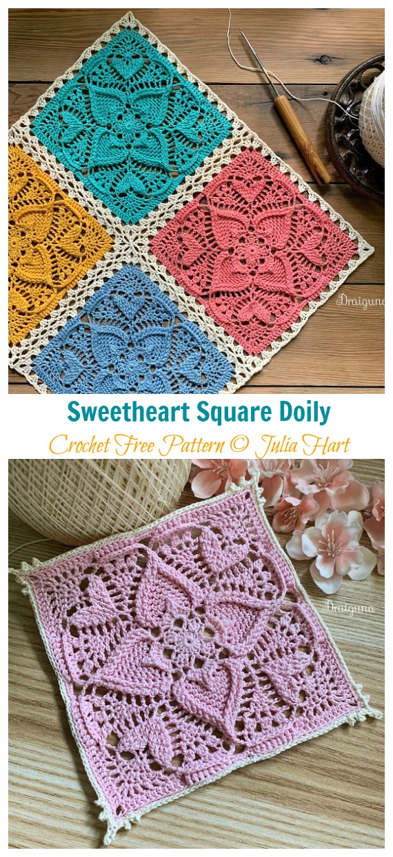 Sweetheart Square Doily Crochet Free Pattern - Decorative #Doily; Free #Crochet; Patterns