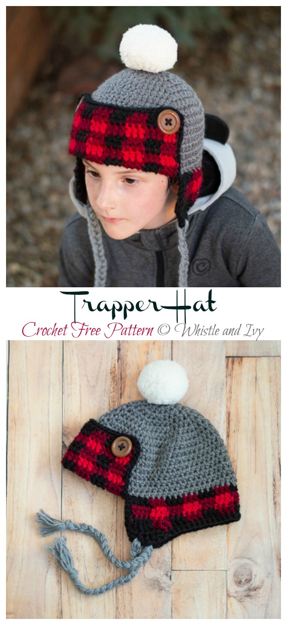 Baby Plaid Trapper Hat Crochet Free Pattern
