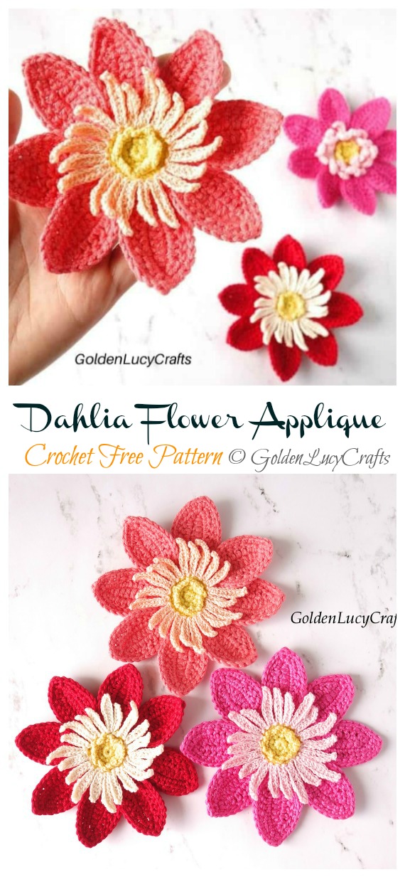 Dahlia Flower Applique Crochet Free Pattern  - 3D Flower Free #Crochet; Patterns