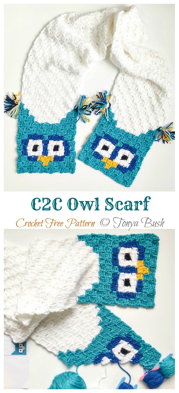 C2C Owl Scarf Crochet Free Pattern - Kids #Scarf; Free #Crochet; Patterns