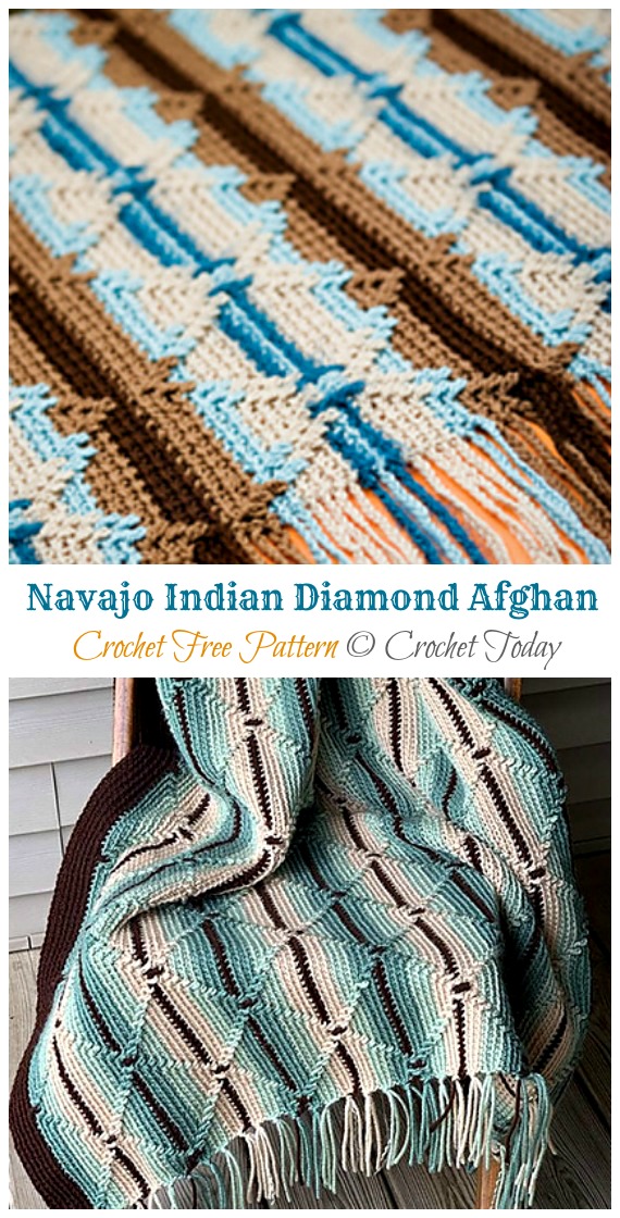 Navajo Indian Diamond Afghan Crochet Free Pattern - Stripy #Blanket; Free #Crochet; Patterns