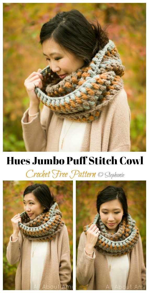 Hues Jumbo Puff Stitch Cowl Crochet Free Patterns