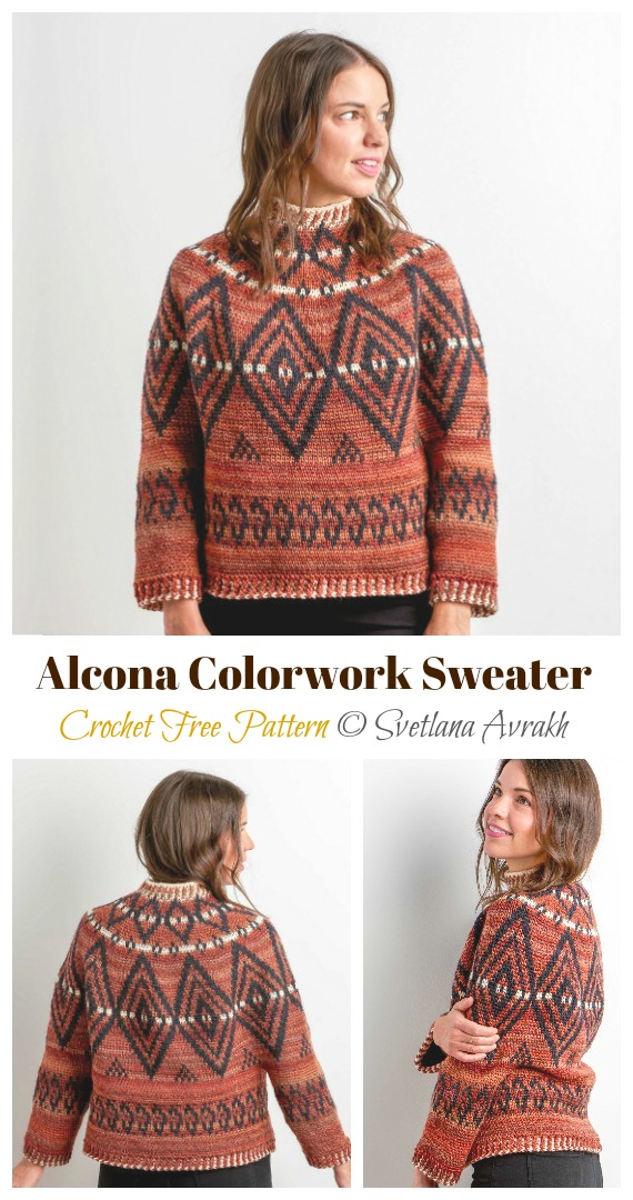 Alcona Colorwork Sweater Crochet Free Pattern- Fall Winter Women #Sweater; Free #Crochet; Pattern