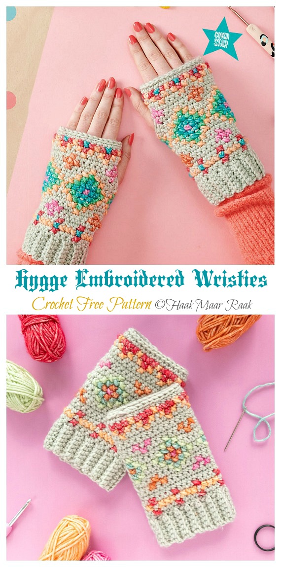 Hygge Embroidered Fingerless Gloves Crochet Free Pattern - Mitts Fingerless Gloves Free #Crochet; Patterns