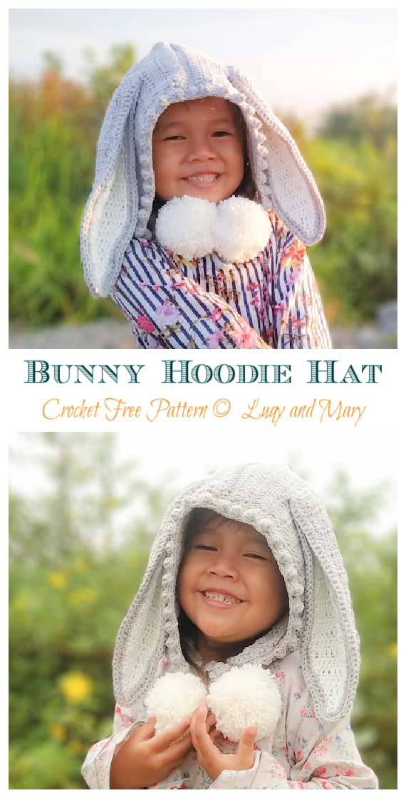 Bunny Hoodie Hat Crochet Free Pattern- Kids #Beanie; Hat Free #Crochet; Patterns 