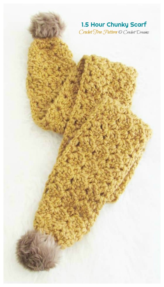 1.5 Hour Chunky Scarf Crochet Free Pattern - Rectangle Long #Scarf; Free #Crochet; Patterns
