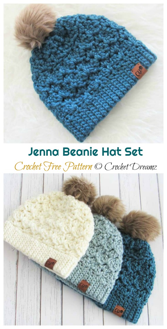 Chunky Jenna Beanie Hat Set Crochet Free Patterns- Adult Beanie #Hat; #Crochet; Free Patterns
