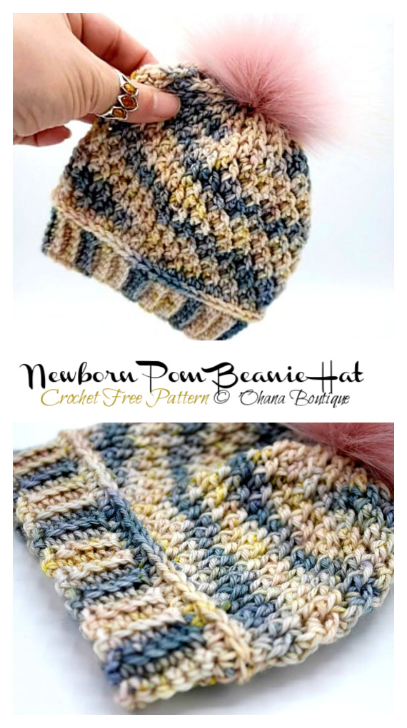 Newborn Pom Beanie Hat Crochet Free Pattern - Baby #Beanie; Hat Free #Crochet; Patterns 