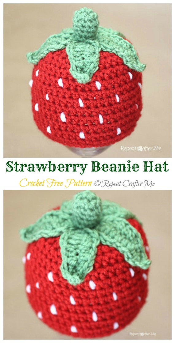 Strawberry Hat Crochet Free Patterns - Kids #Beanie; Hat Free #Crochet; Patterns 