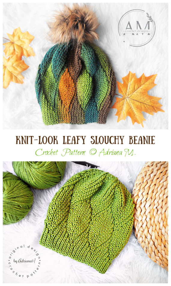 Knit-look Leafy Slouchy Beanie Crochet Pattern - Adult Beanie #Hat; #Crochet; Free Patterns