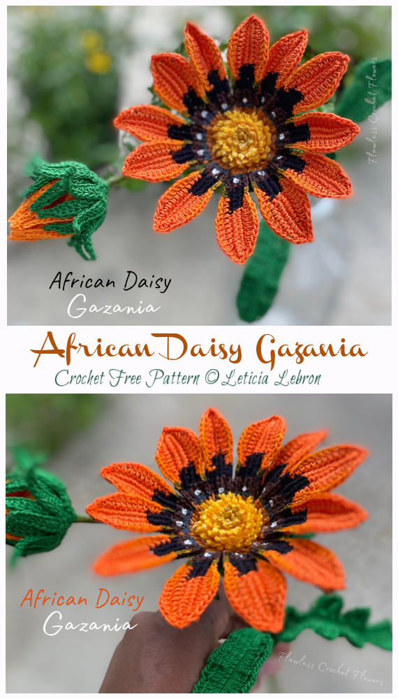 African Daisy Gazania Flower Crochet Free Pattern - 3D Flower Free #Crochet; Patterns