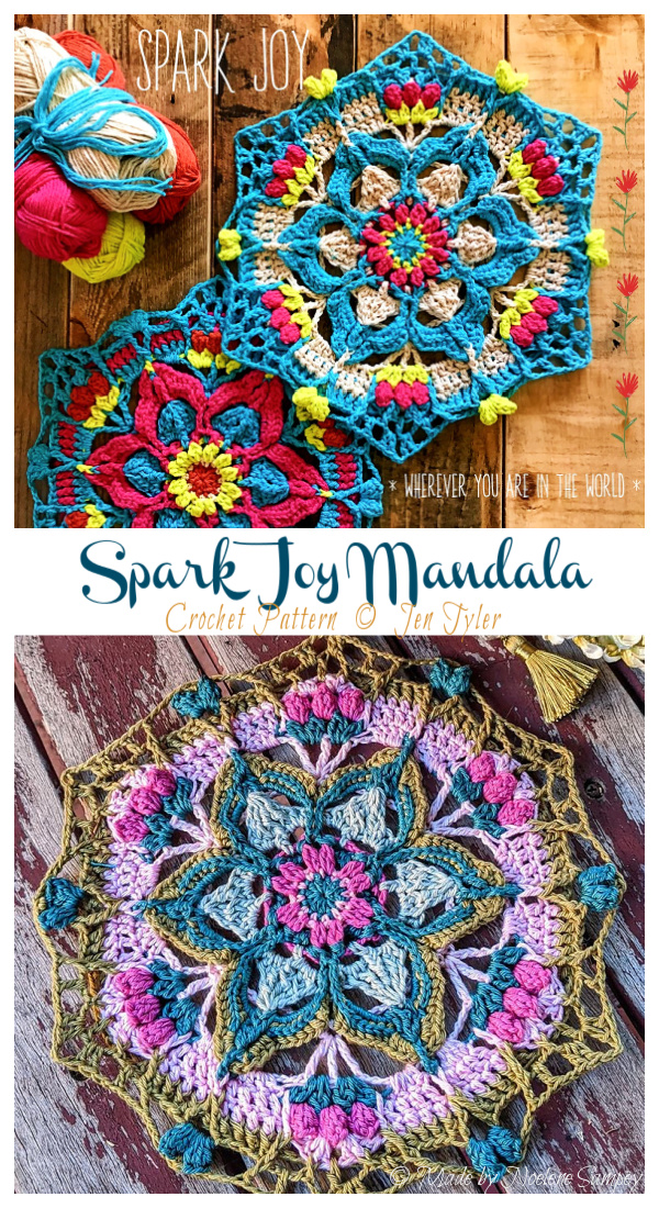 Spark Joy Mandala Crochet Patterns - Decorative #Doily; Free #Crochet; Patterns