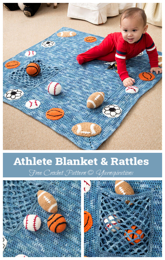 Athlete Blanket & Rattles Crochet Free Patterns - #Crochet; #Blanket; Free Patterns For Boys