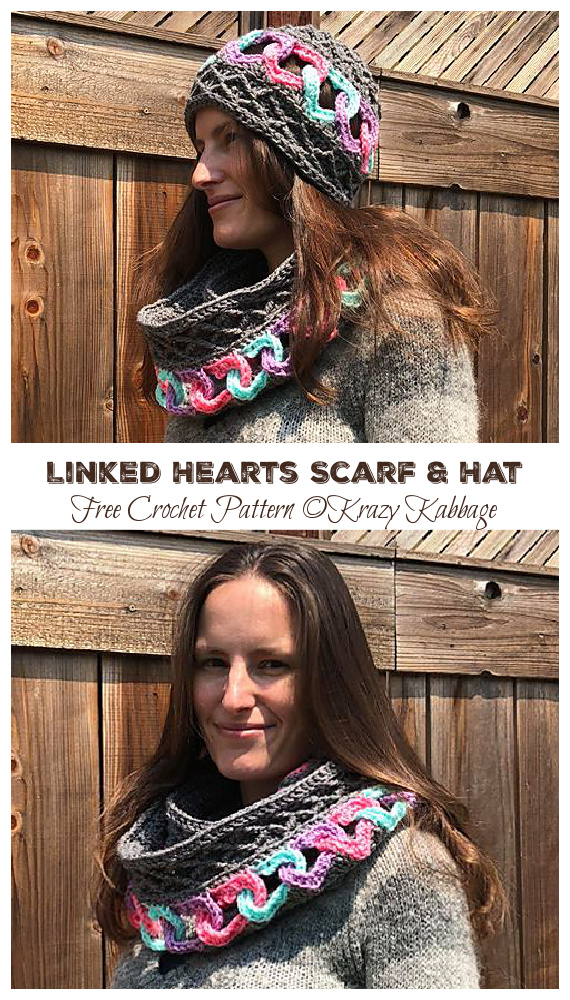 Linked Hearts Scarf & Hat Crochet Free Pattern