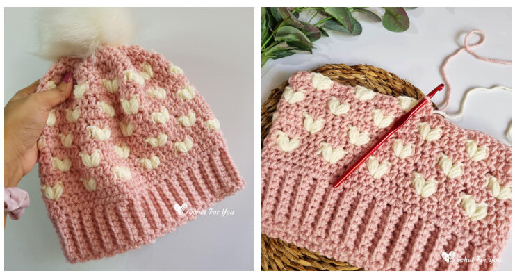 Puff Hearts Beanie Hat Crochet Free Pattern [Video]