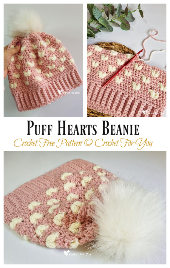 Puff Hearts Beanie Hat Crochet Free Pattern [Video]