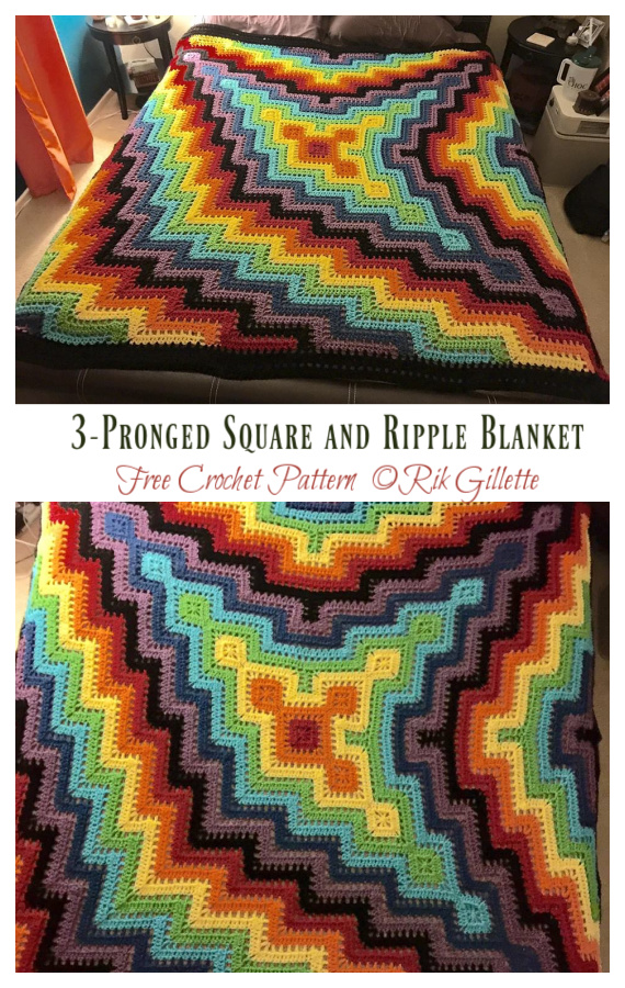 3-Pronged Square and Ripple Blanket Crochet Free Pattern