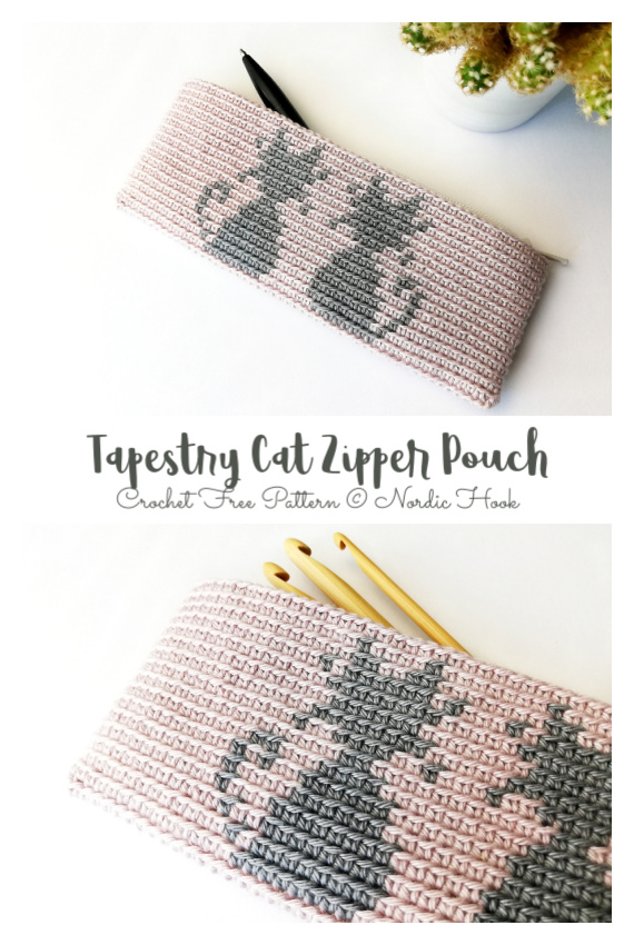 Tapestry Cat Zipper Pouch Crochet Free Pattern